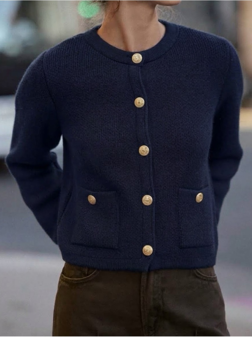 Zara Navy Knit Gold Button Front Sweater Cardigan - Picture 2 of 5